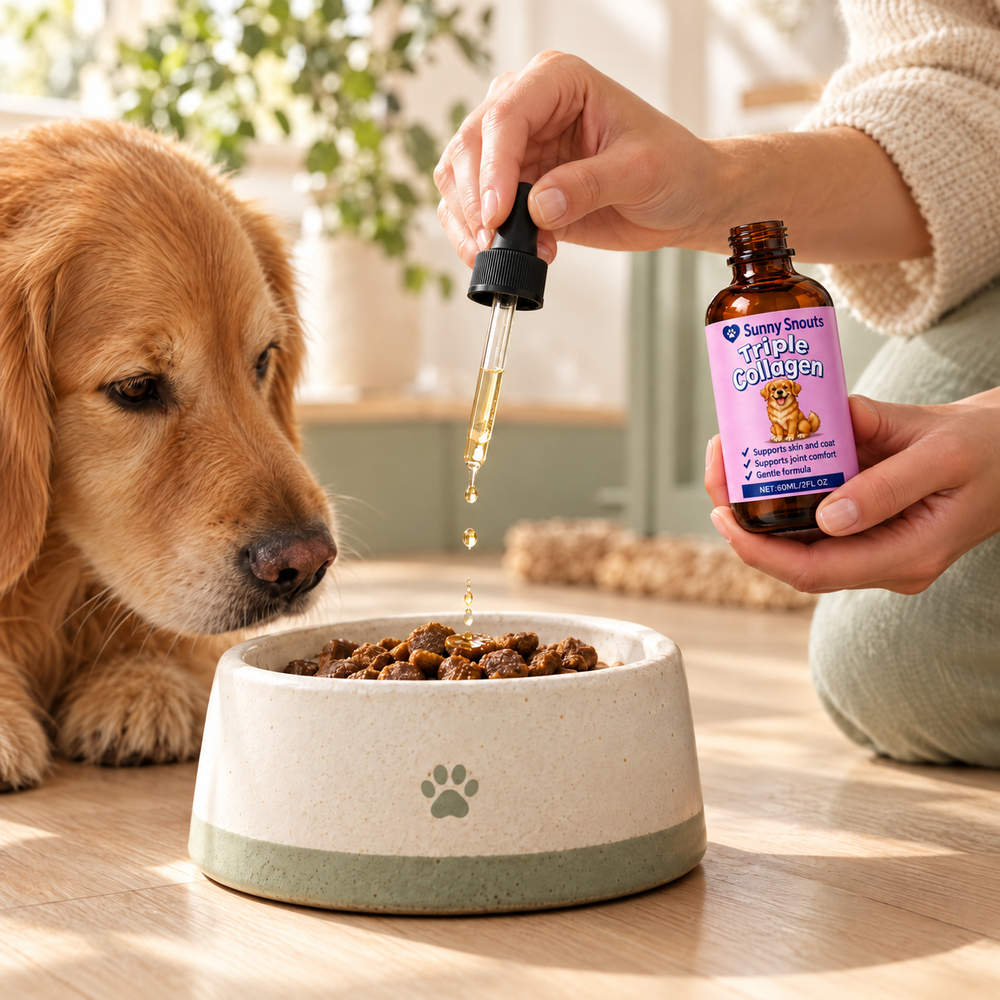 A dropper adding Sunny Snouts Collagen to a bowl of dog food