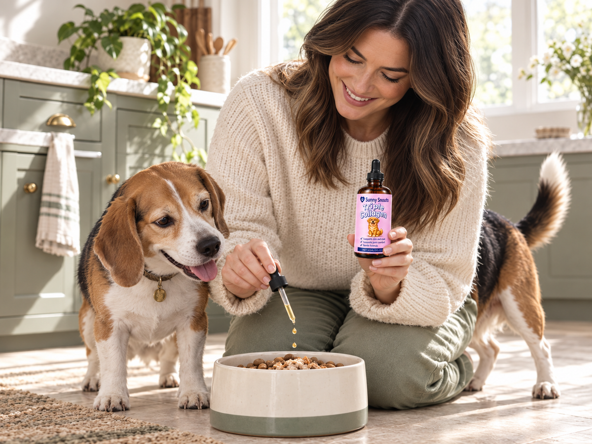 An owner adding a measured serving of Sunny Snouts Collagen to her dog's food bowl