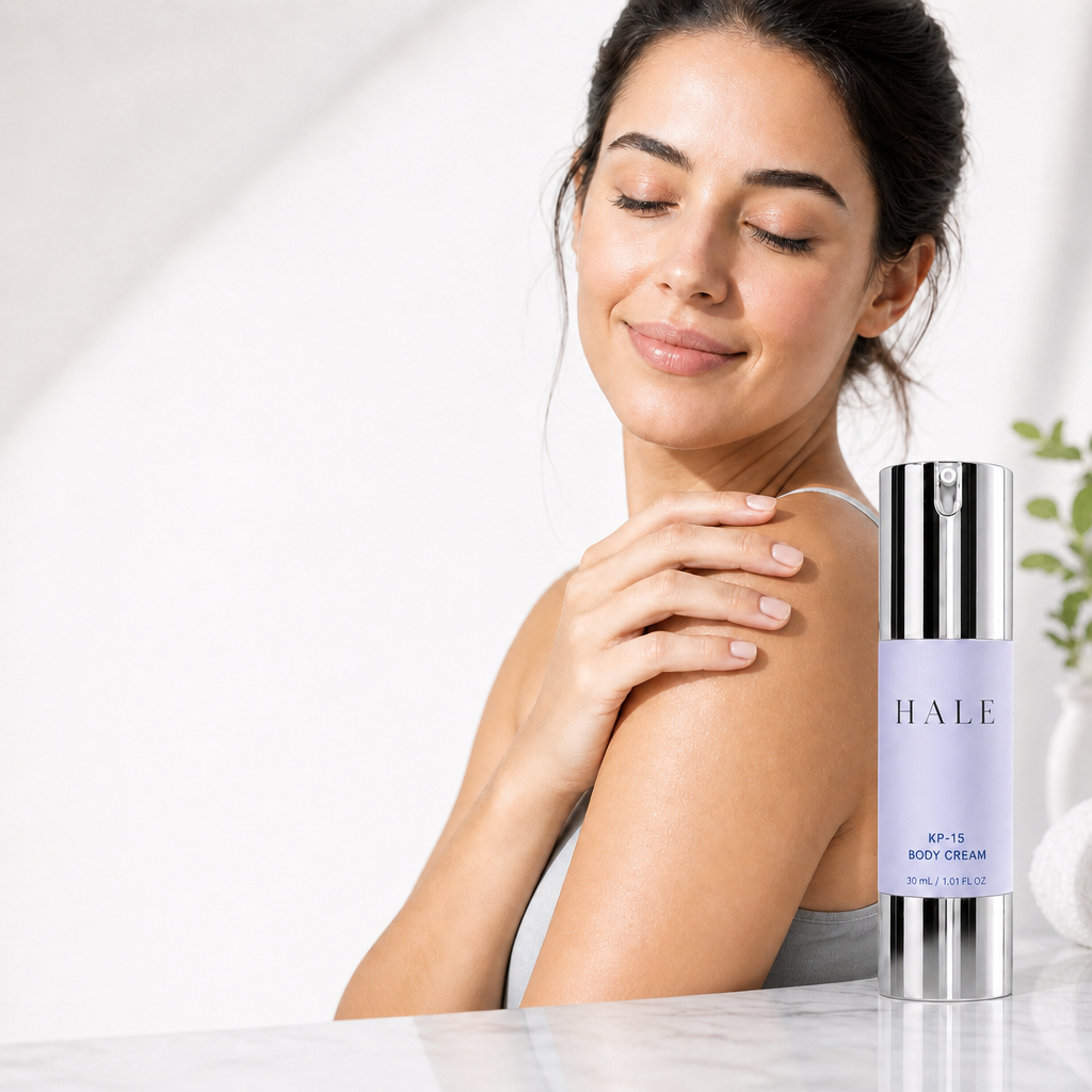 Woman with smooth shoulders beside the Hale KP-15 bottle