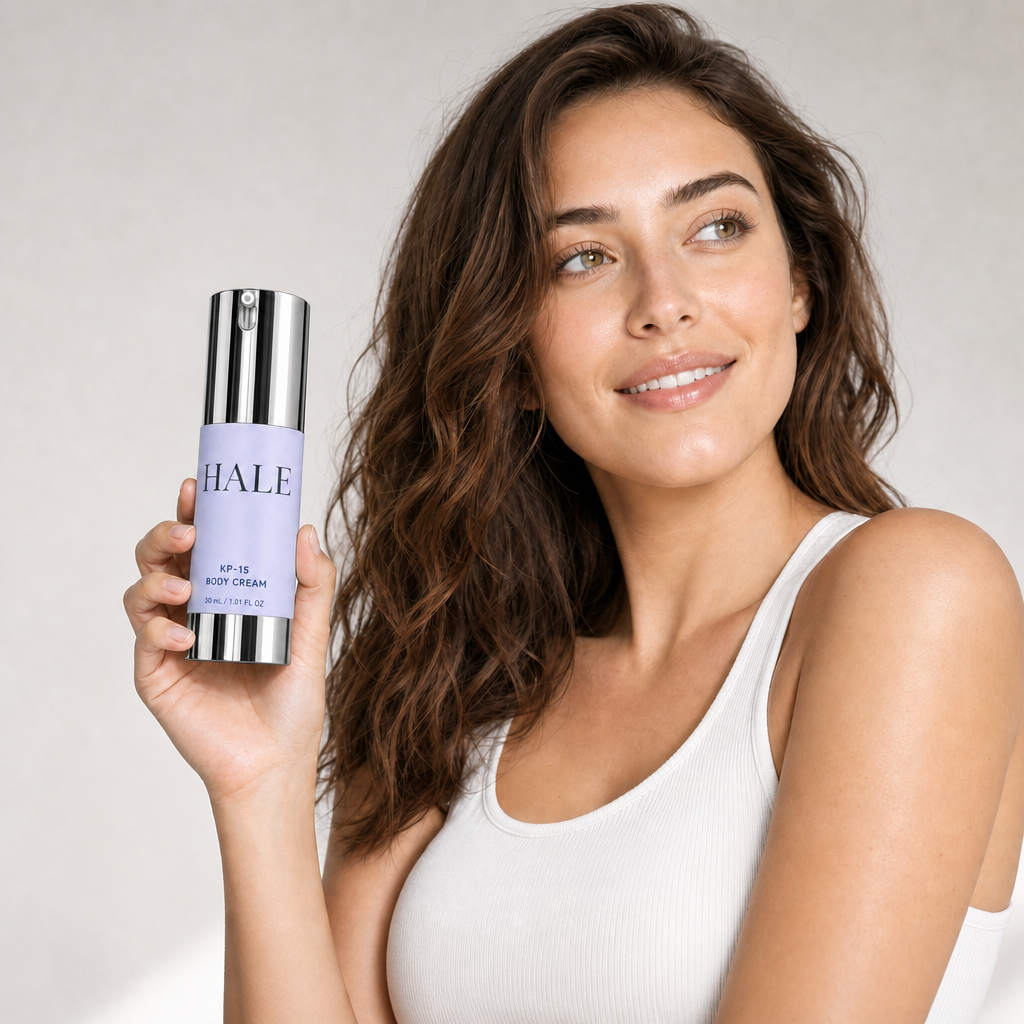 Woman holding the Hale KP-15 bottle beside her shoulder