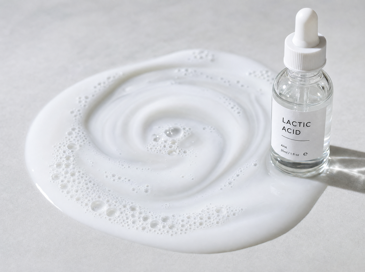 Lactic acid, a milky swirl beside a dropper bottle