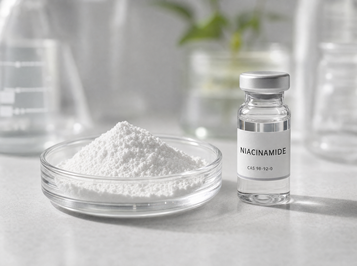Niacinamide powder in a glass dish beside a vial