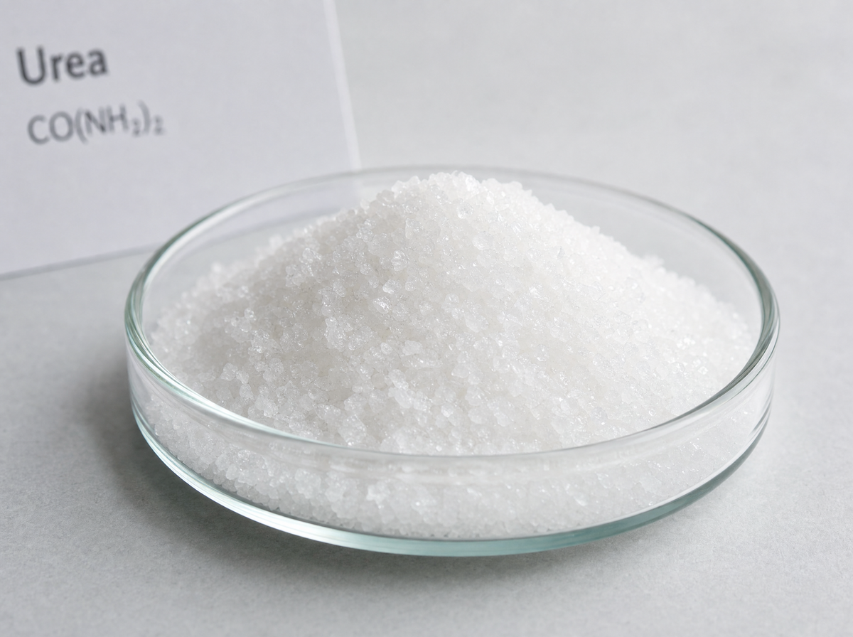 Urea crystals in a glass dish